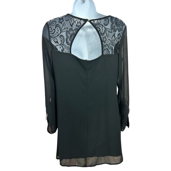Speechless Black Lace Back Roll Tab Shift Dress Sz XS Lined Scoop Neck - Picture 5 of 7